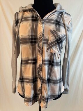 Pink Gray Plaid Hooded Button Front Top Soft Grunge Y2K Skater Streetwear Small
